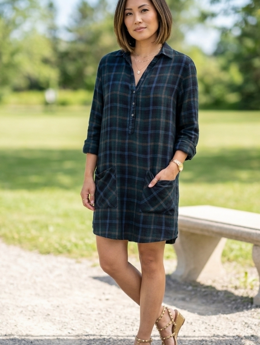 HARLOW💝Relaxed Plaid Shirt Dress in Dark Green & Navy SO SOFT, Tab Sleeves Sz L